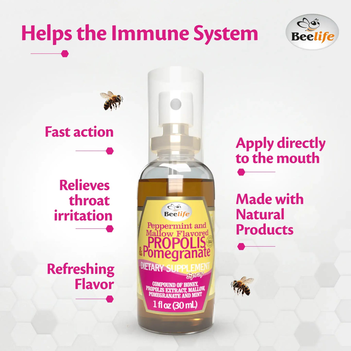 A bottle of BeeLife Honey, Mint & Pomegranate Propolis Throat Spray, highlighting ingredients and benefits.