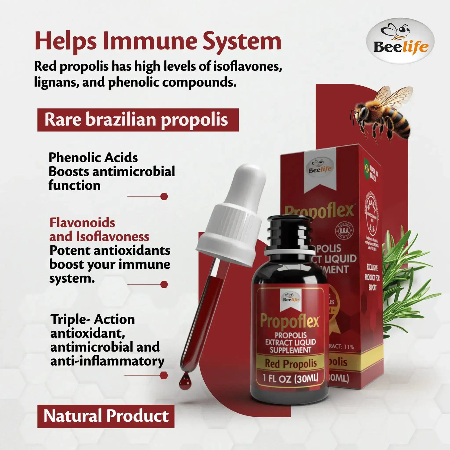 Bottle of red propolis extract with dropper, labeled Propoflex, highlighting immune system benefits and natural ingredients.