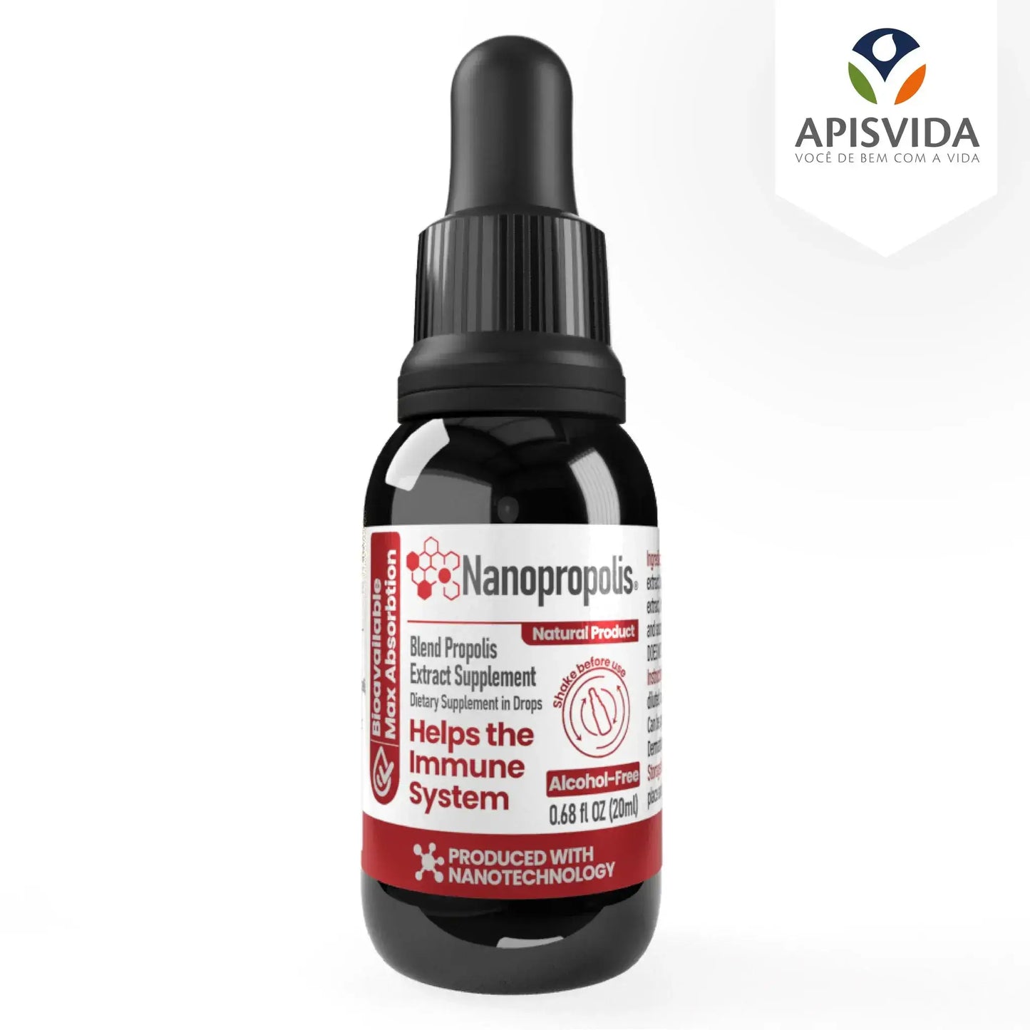 A dark bottle with a dropper, labeled Nanopropolis, featuring red and white text about immune support and nanotechnology.