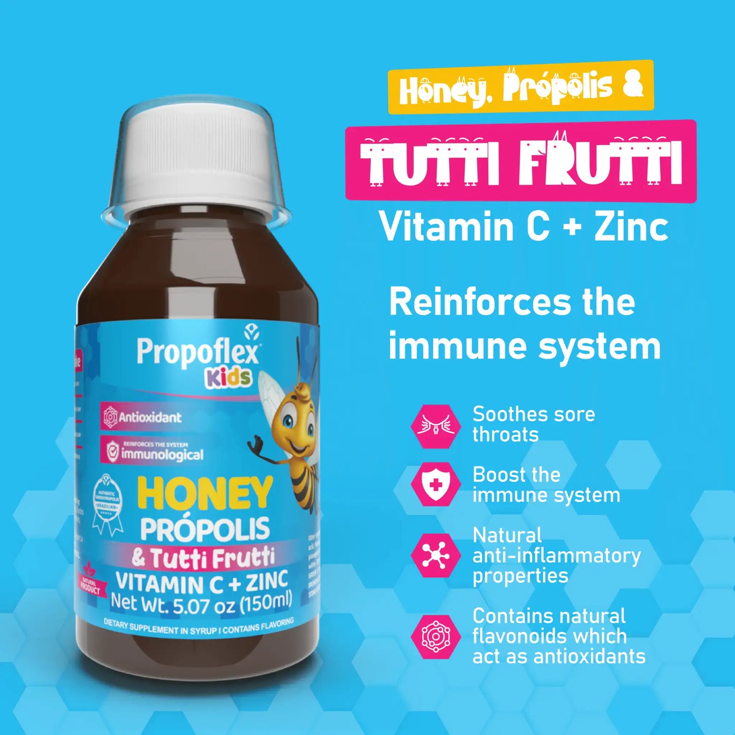 Brown bottle of Propoflex Kids Honey Propolis with label featuring honeycomb and bee graphics, promoting immune support.