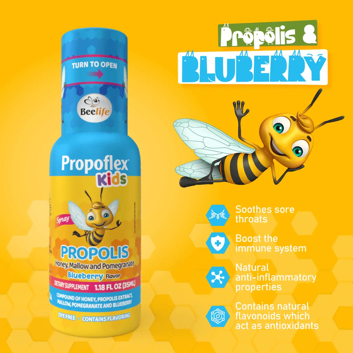 Yellow bottle of Propolis Kids spray, featuring bee graphics and blueberry flavor label, with health benefit icons on the side.