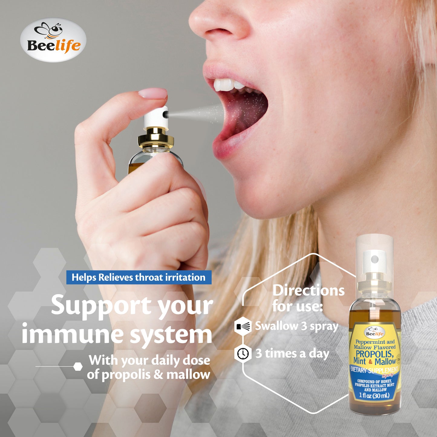 Combo - 3x BeeLife Propolis Throat Spray Honey, Mint & Mallow 30ml