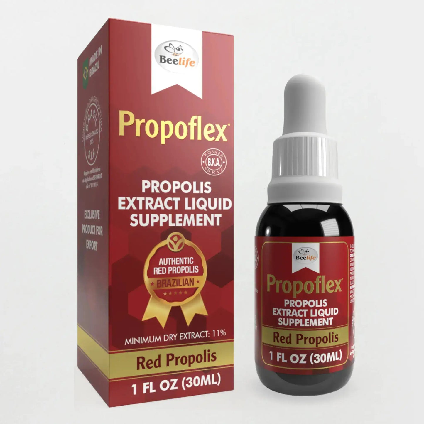 Bottle of Propoflex red propolis extract liquid supplement with a brown glass dropper, packaged in a colorful box.