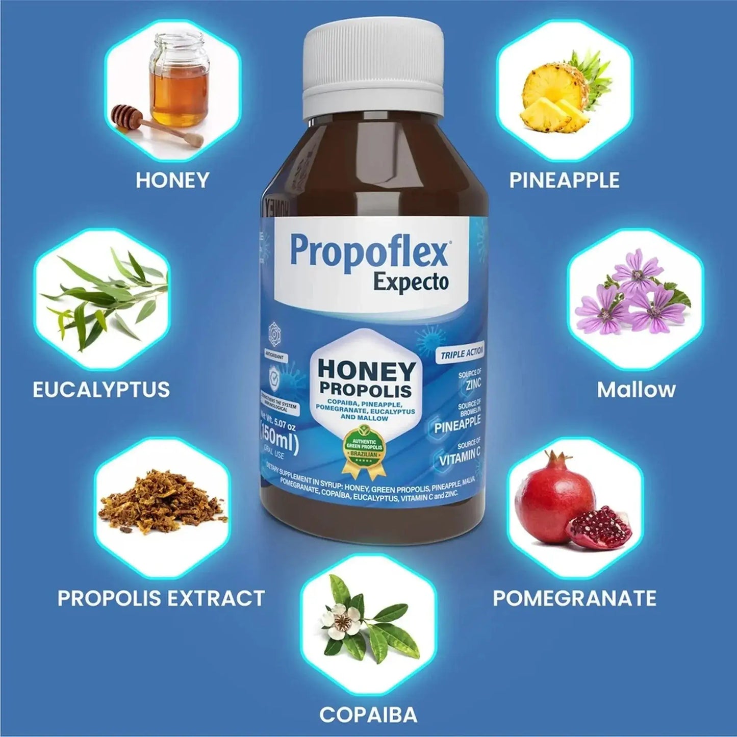 Brown bottle with a blue label featuring honey, pineapple, eucalyptus, mallow, propolis extract, pomegranate, and copaiba icons.