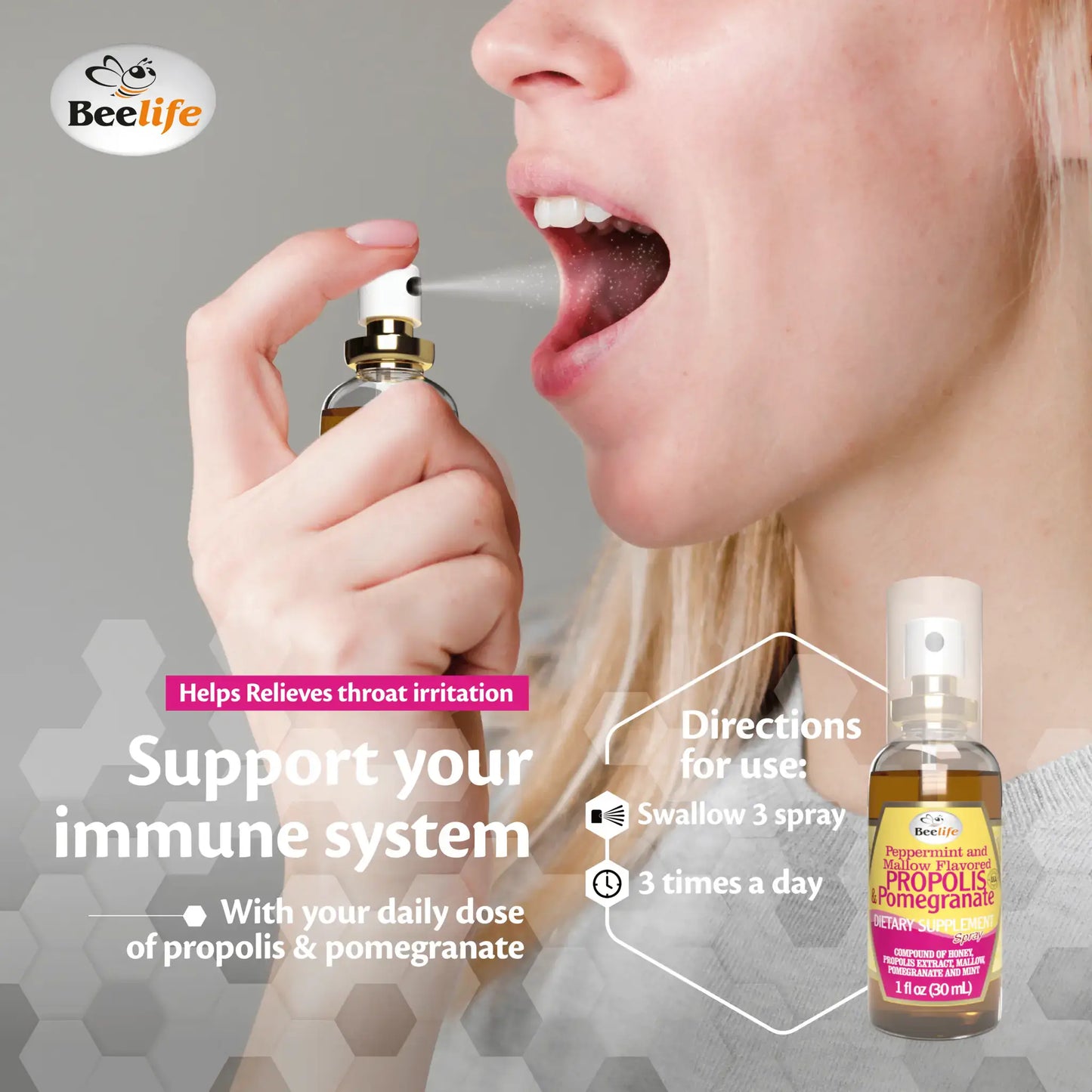 Throat spray bottle featuring a clear label; for immune support with propolis and pomegranate. Instructions visible.