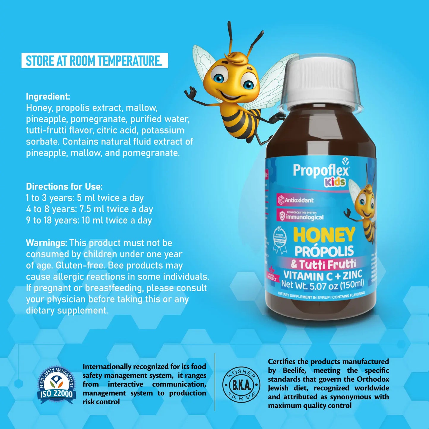 Honey propolis extract bottle for kids with colorful label; includes fruit flavors and zinc; instruction and warning details visible.