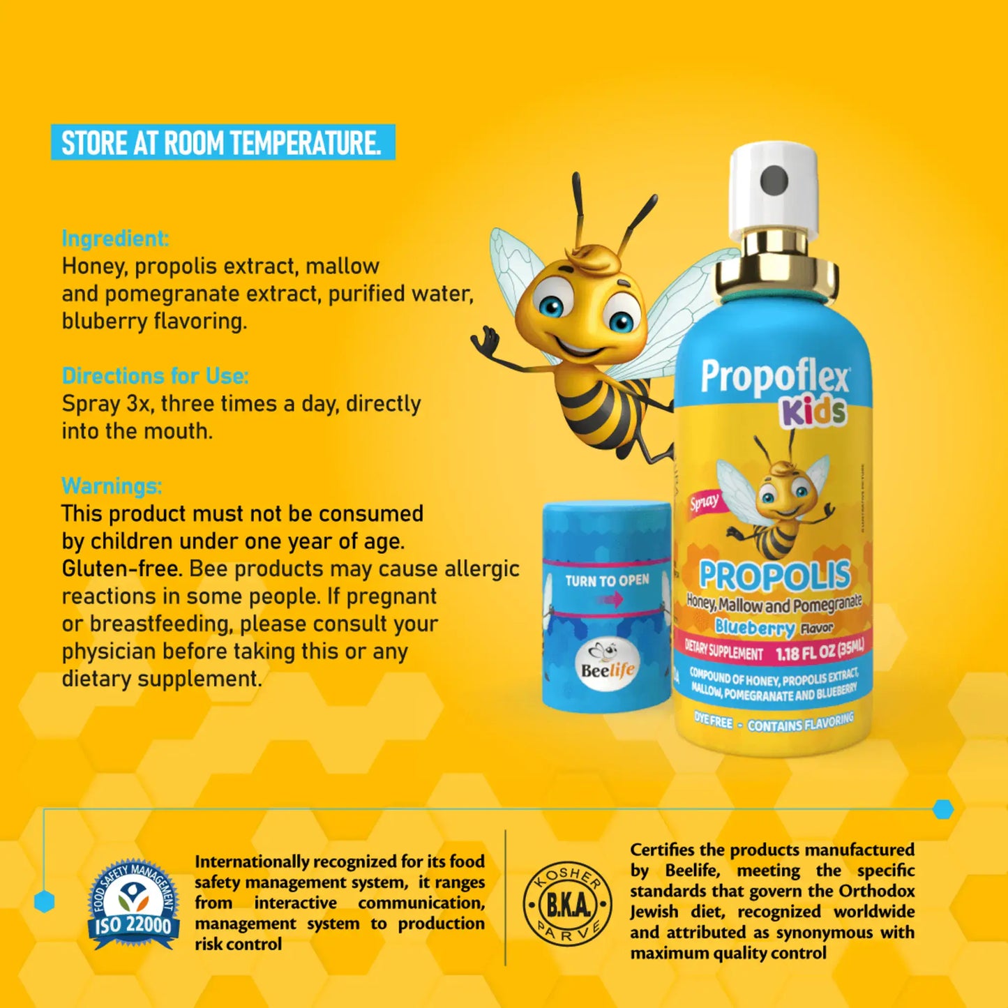 Labelled Propolflex Kids spray bottle with a cartoon bee, vibrant colors, and instructions for use; designed for children.