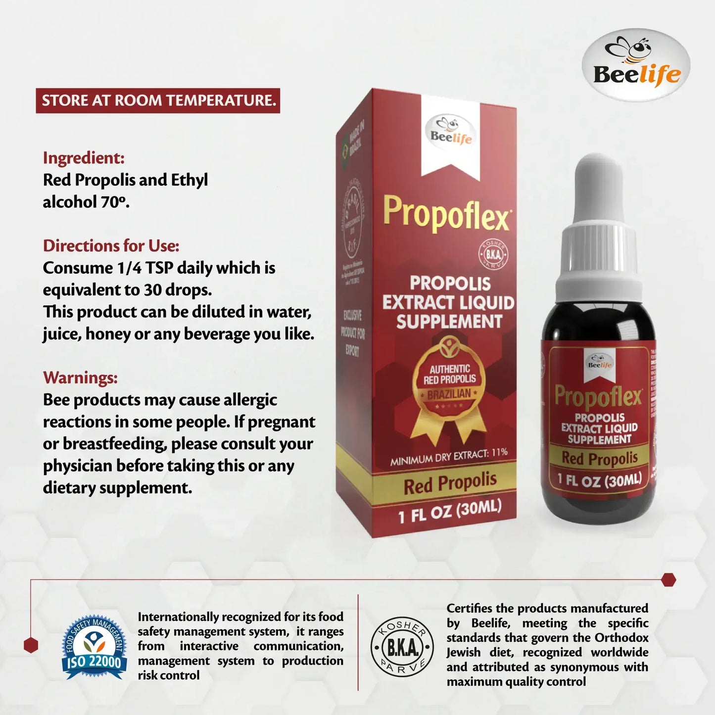 Packaging for Propoflex, a red propolis extract supplement, in a box with a dropper bottle. Bright colors, clear labels, and dosage instructions.