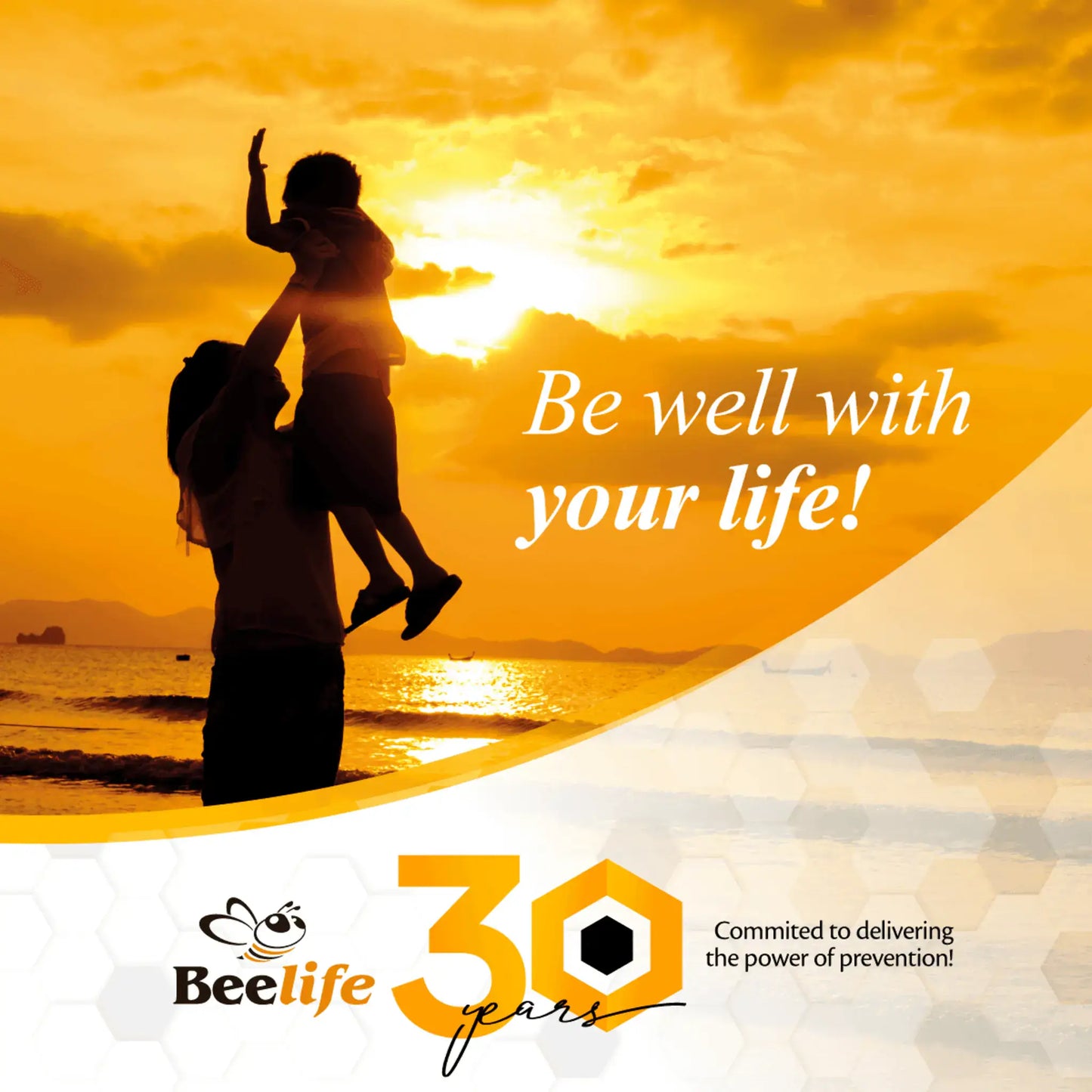 Sunset beach scene featuring a parent and child playing together. Branding for Beelife celebrating 30 years in wellness.