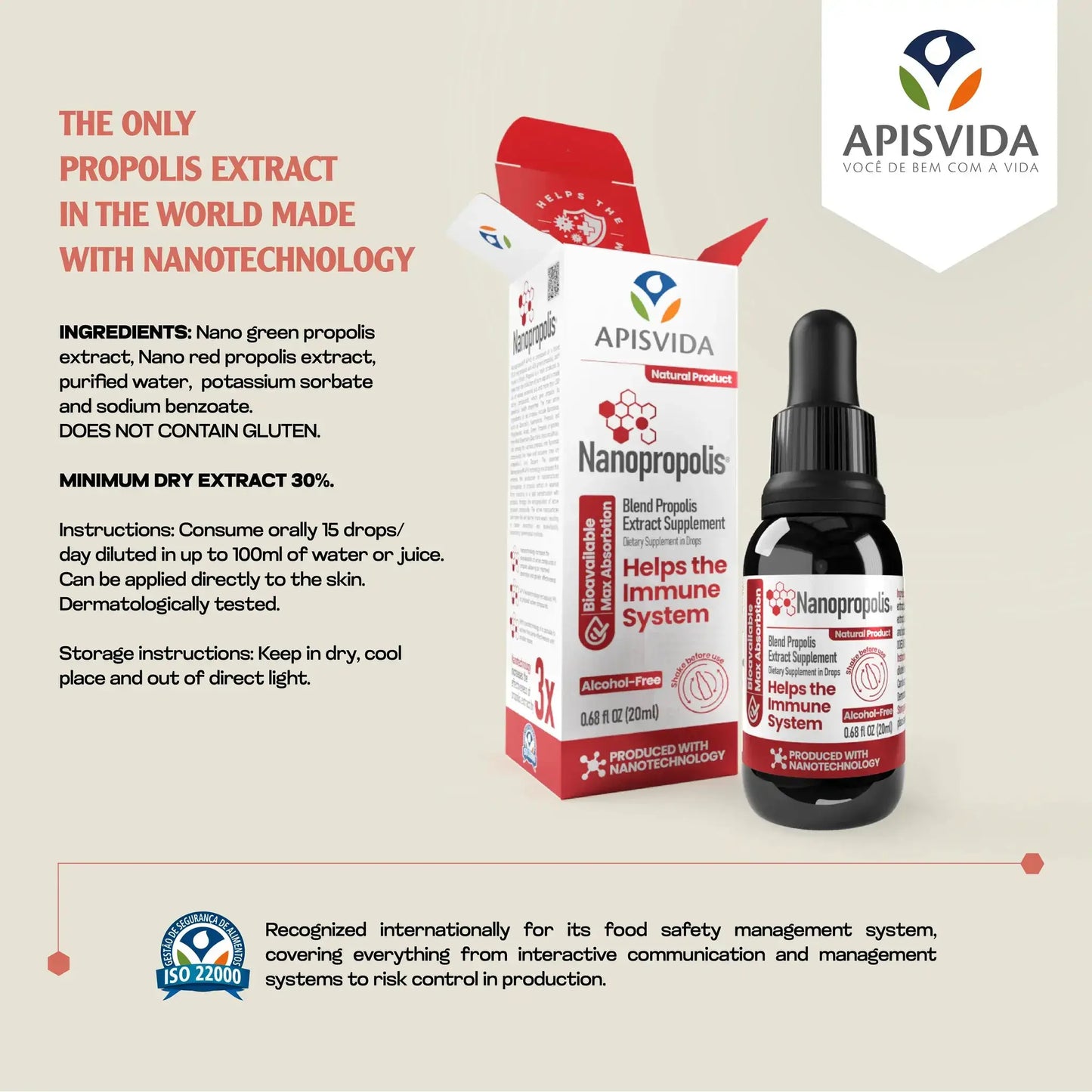 Bottling of propolis extract labeled Nanopropolis with a dropper, featuring red and white packaging, highlighting benefits for immunity.