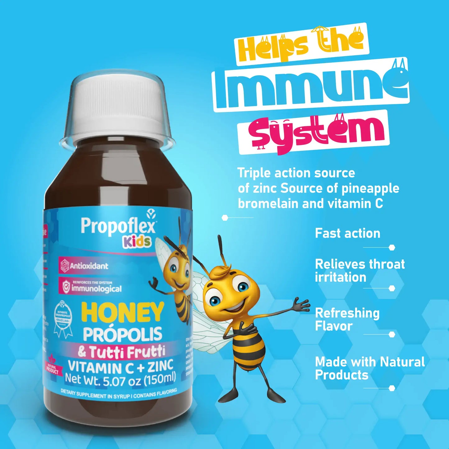 Brown bottle of BeeLife Kids Propolis Cough Syrup with vibrant label; features illustrations of honey and a bee.