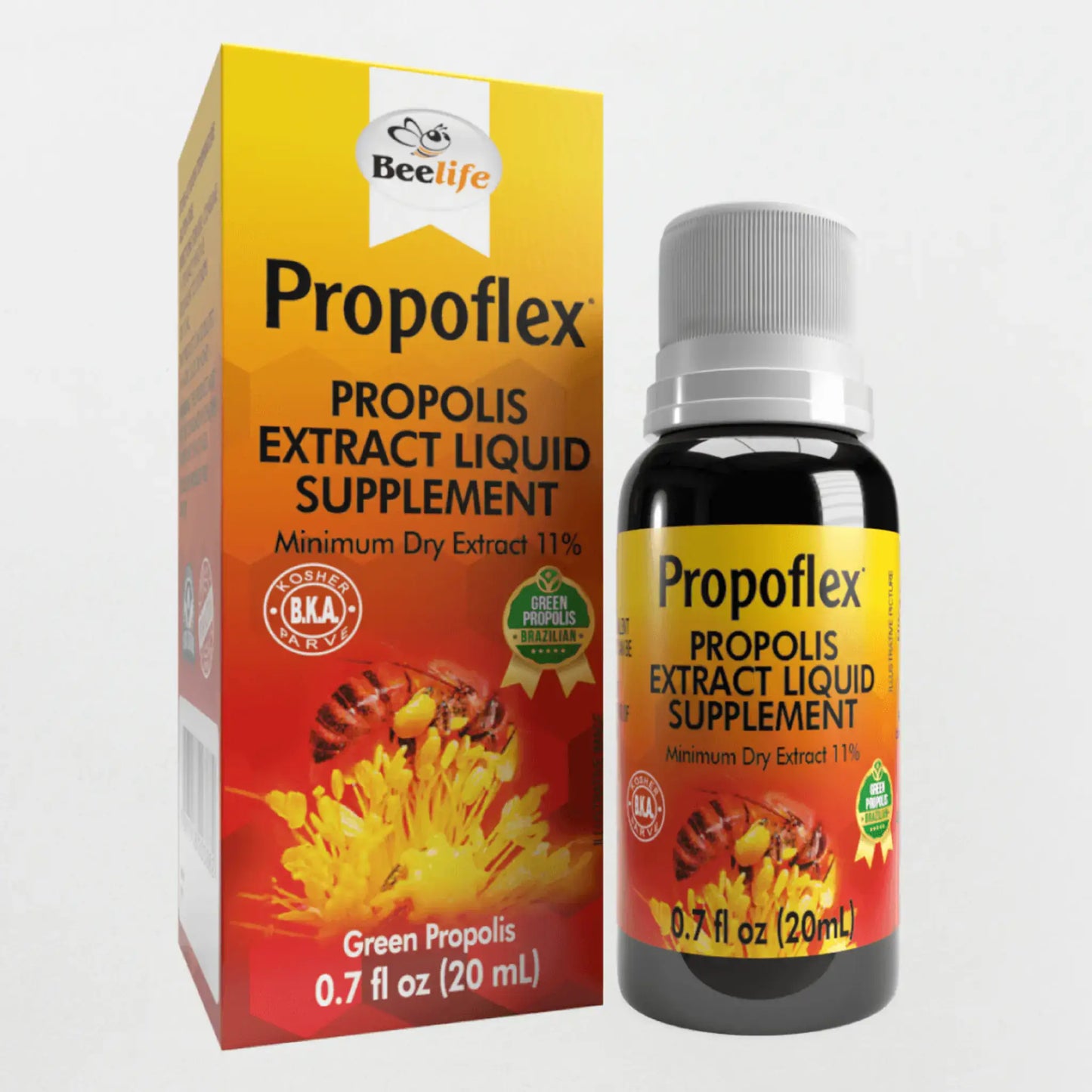 Bottle of BeeLife Green Propolis Drops with colorful packaging, featuring a label highlighting 11% dry extract in a 20ml size.