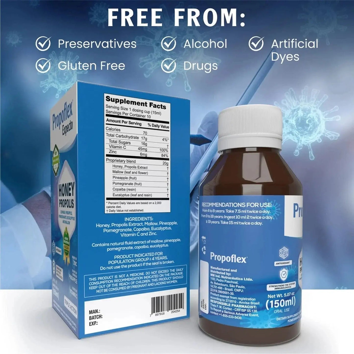 Brown bottle of Propoflex syrup with a blue label, featuring supplement facts and notes on being free from preservatives and allergens.
