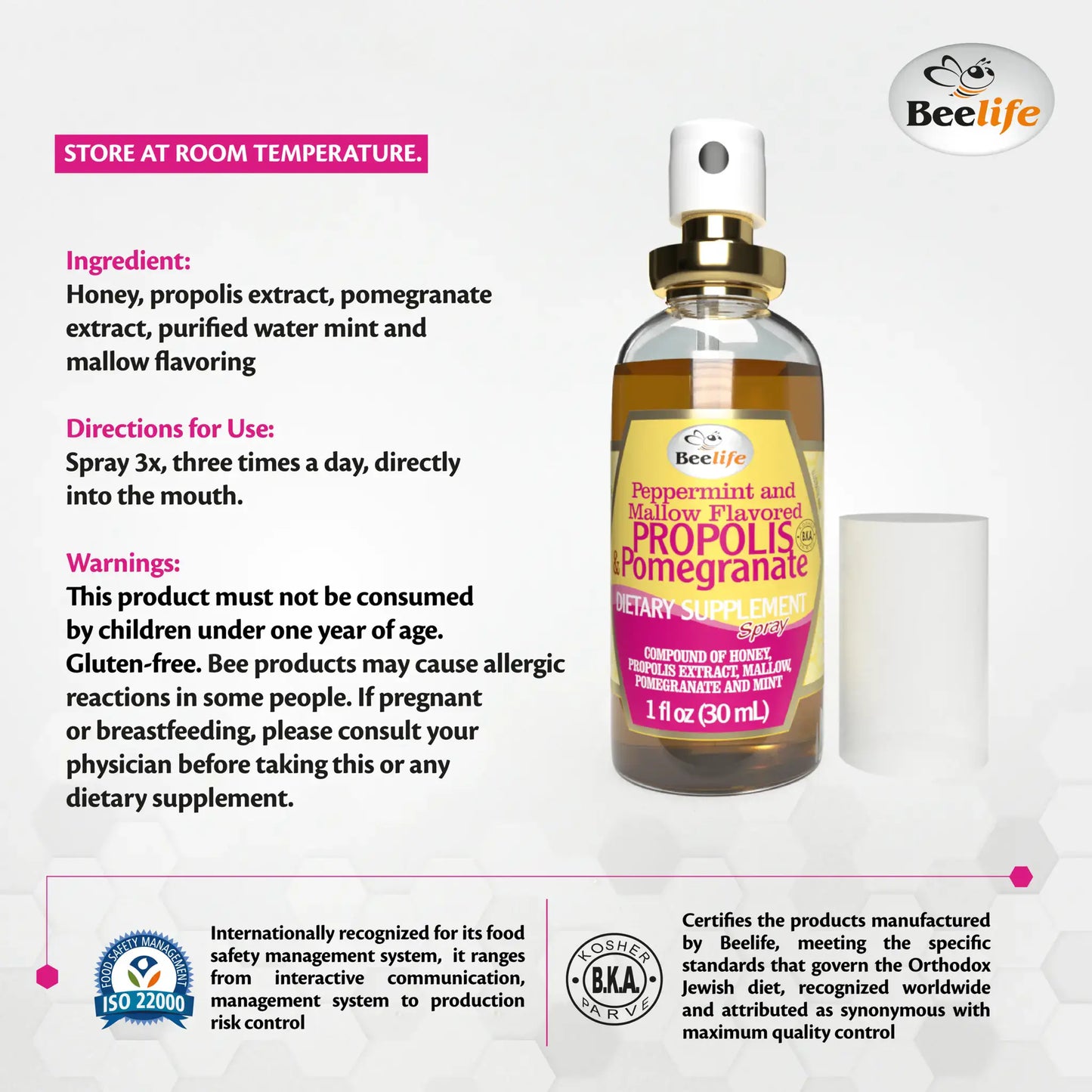 Honey, mint, and pomegranate throat spray bottle with a colorful label, marked as a dietary supplement.