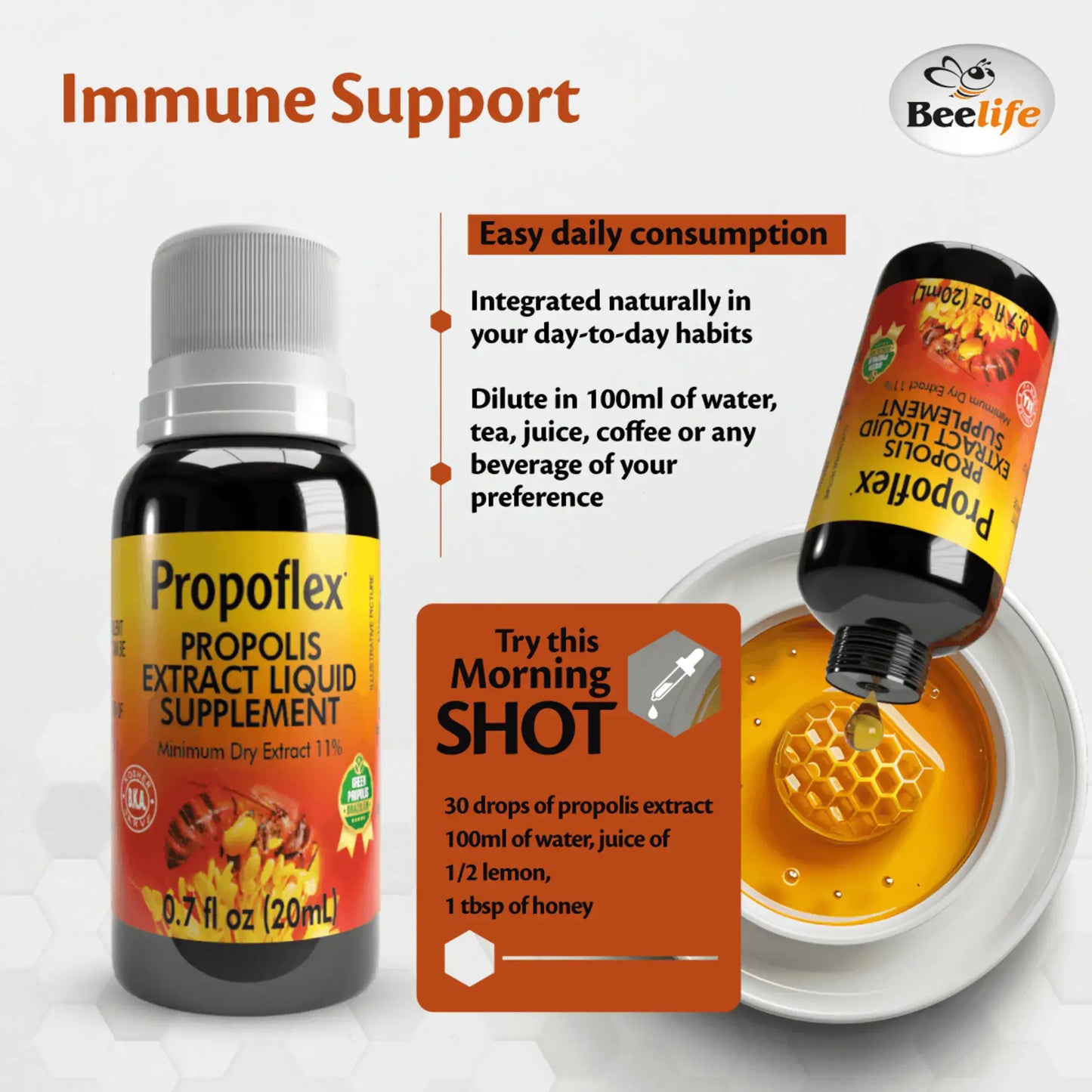 Black bottle of BeeLife Green Propolis Drops with bright label featuring honeycomb and health benefits, 20ml size.