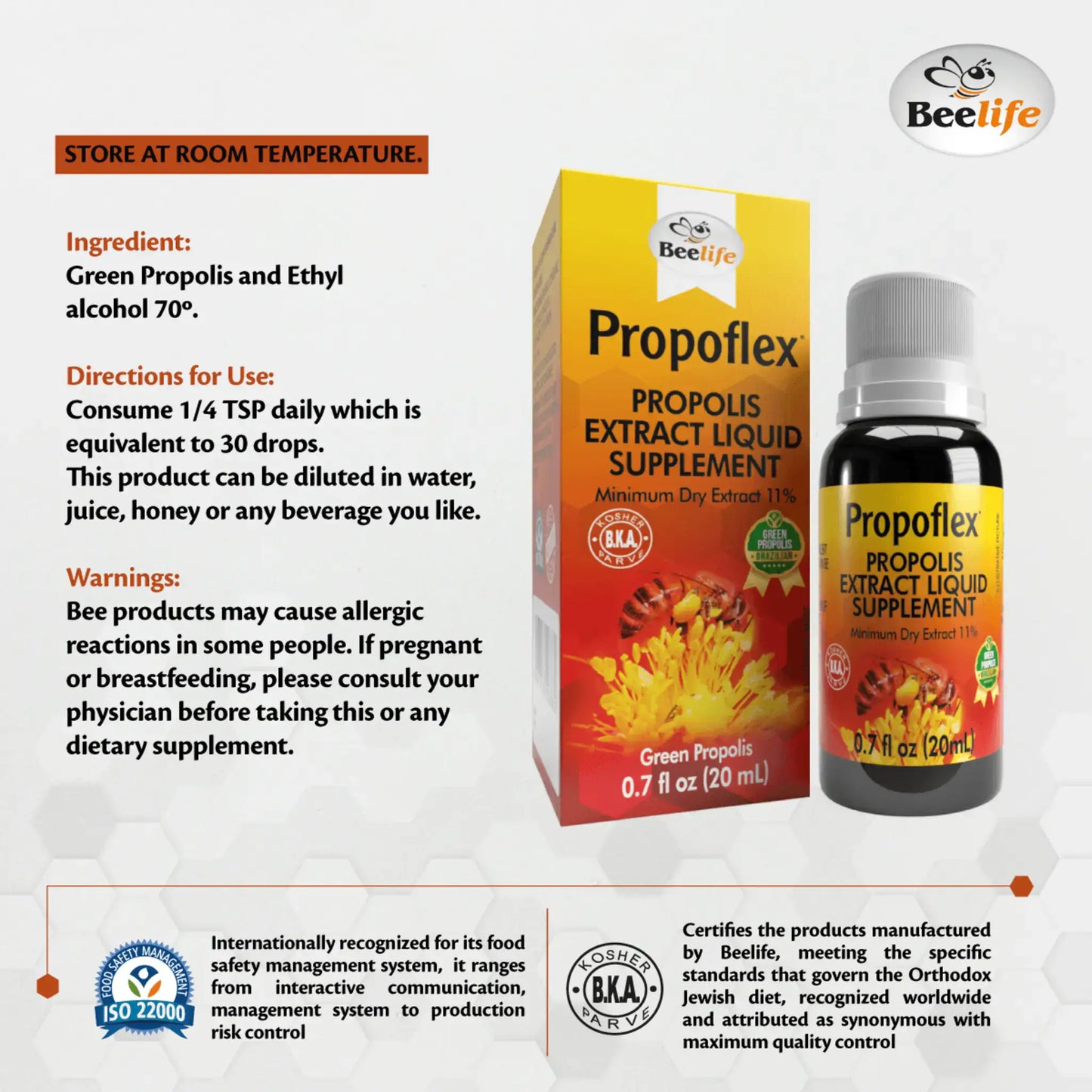 Bottle of BeeLife Green Propolis Drops with a white label and bold text, in a cardboard box, showcasing supplement details.