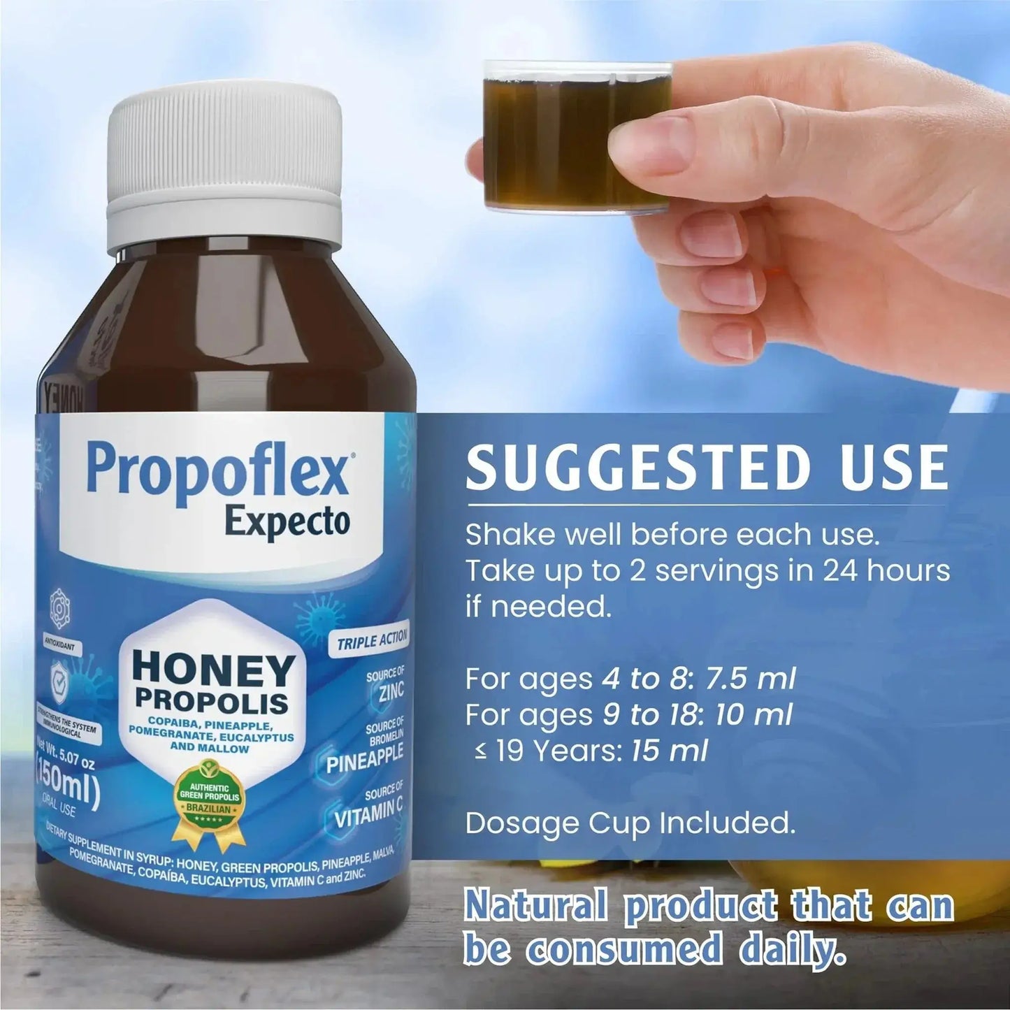 Bottle of Propoflex honey propolis syrup with suggested use for children and dosage cup included, featuring blue and white label.