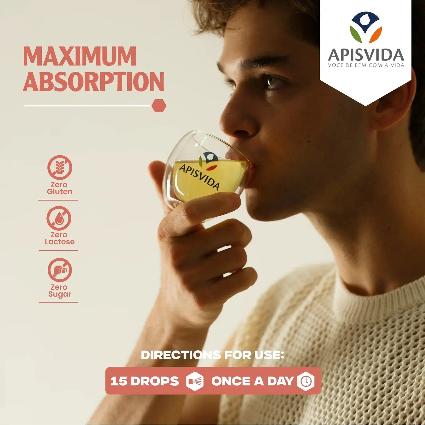 A person taking a supplement from a glass with a logo, featuring text about maximum absorption and dietary benefits.
