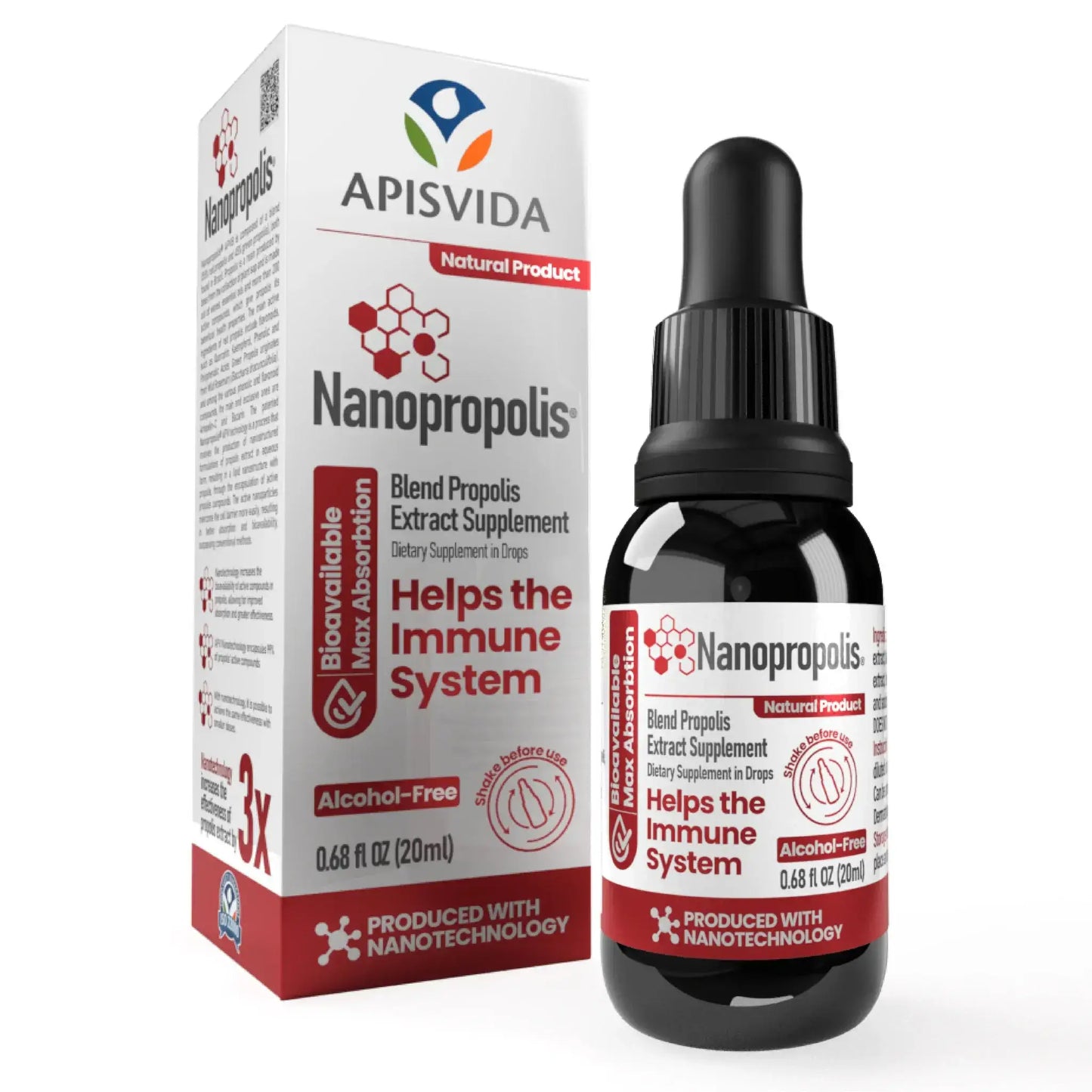 Nanopropolis extract supplement bottle in a box, featuring a dropper cap, labeled as alcohol-free and promoting immune health.