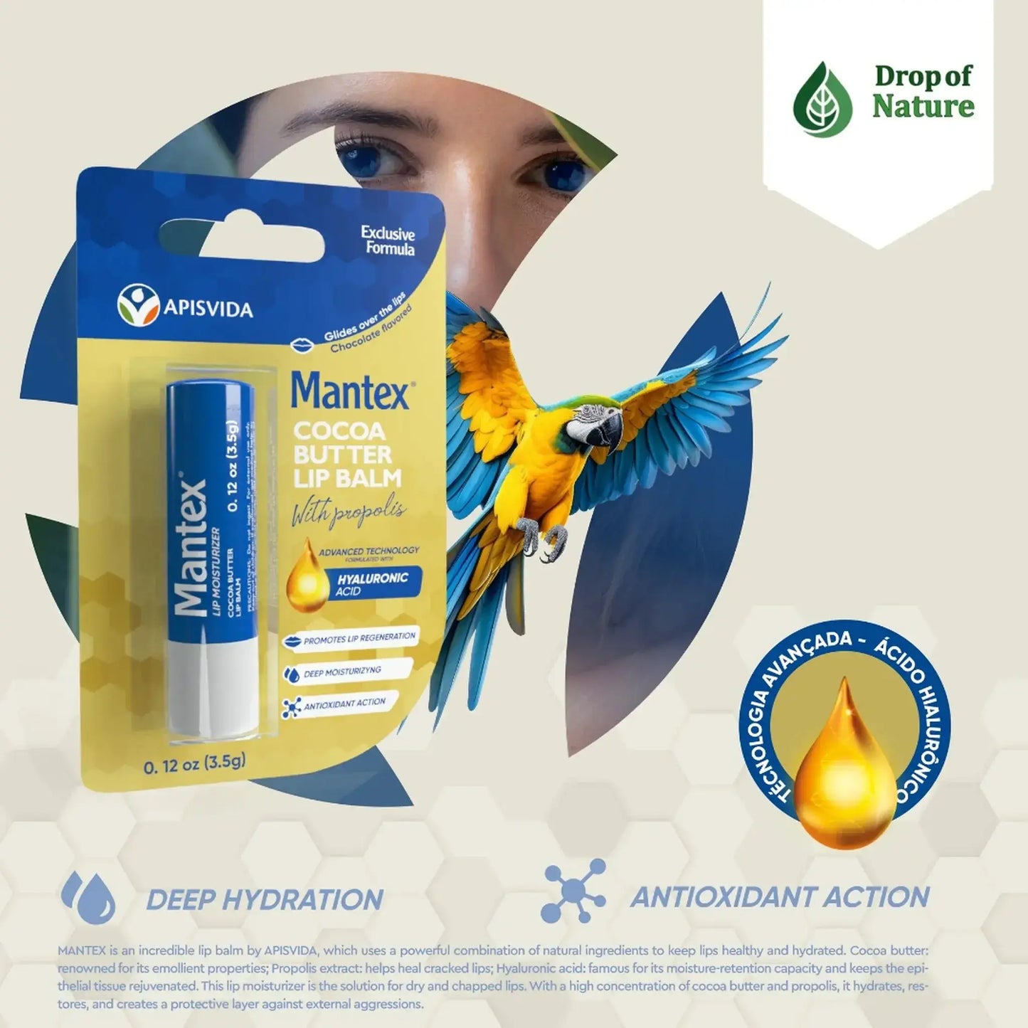 Cocoa butter lip balm packaging featuring blue and white design, highlighting hydration and antioxidant benefits.