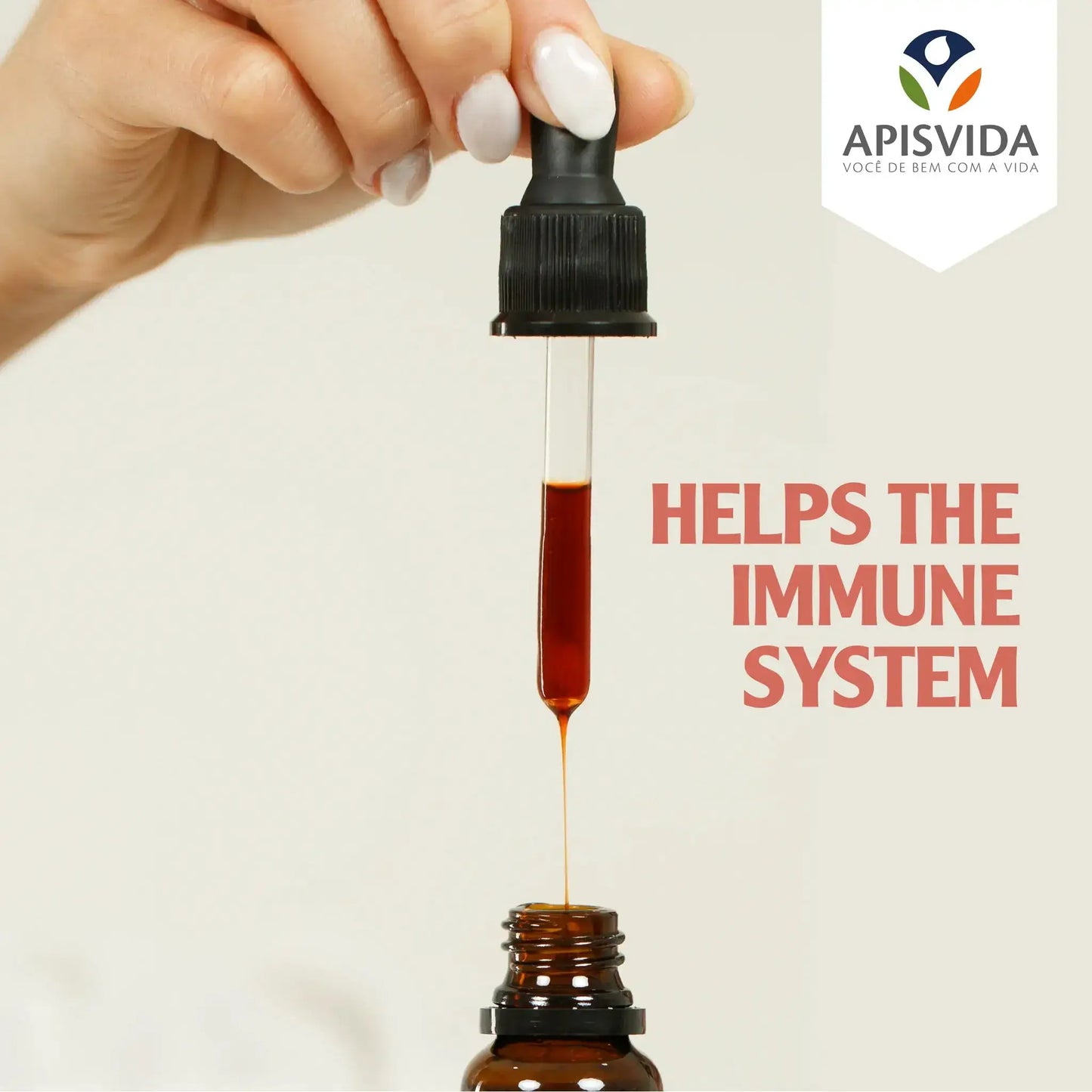Dropper bottle with dark liquid being dispensed, labeled Apisvida, promoting immune system support.