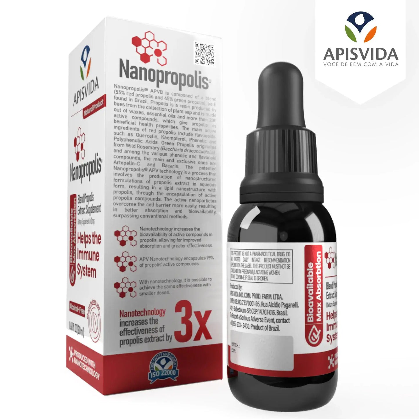 Black dropper bottle with red and white packaging, labeled Nanopropolis, featuring a honeycomb design and Apisvida logo.