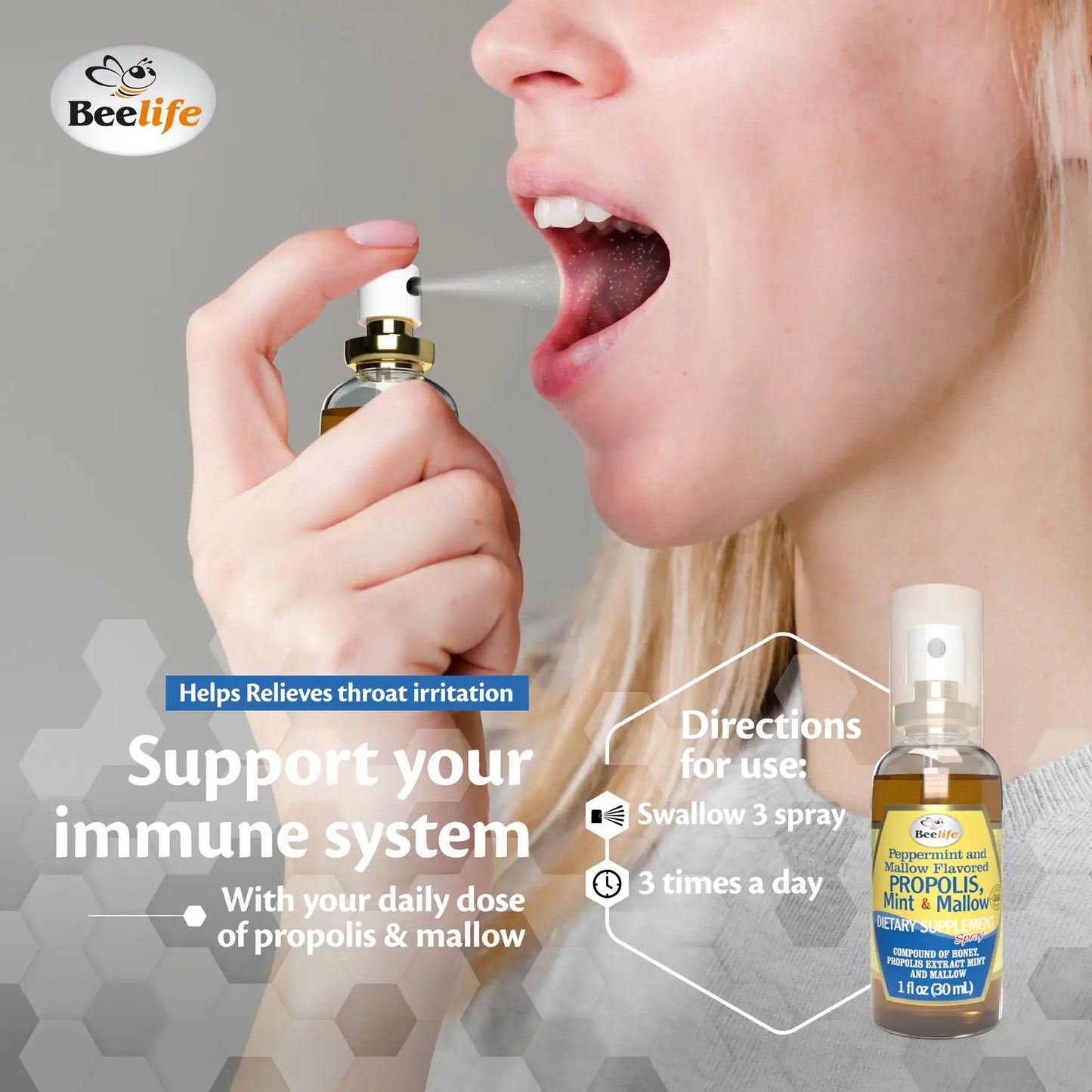 A person using BeeLife Honey, Mint & Mallow Propolis Throat Spray, featuring a clear bottle with a spray nozzle.