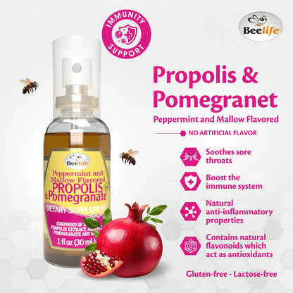 BeeLife Honey, Mint & Pomegranate Propolis Throat Spray in a clear bottle with a spray nozzle, featuring a colorful label.