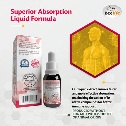 Packaging for BeeLife Superior Absorption Liquid Formula, featuring a dropper bottle with a colorful label and box design.