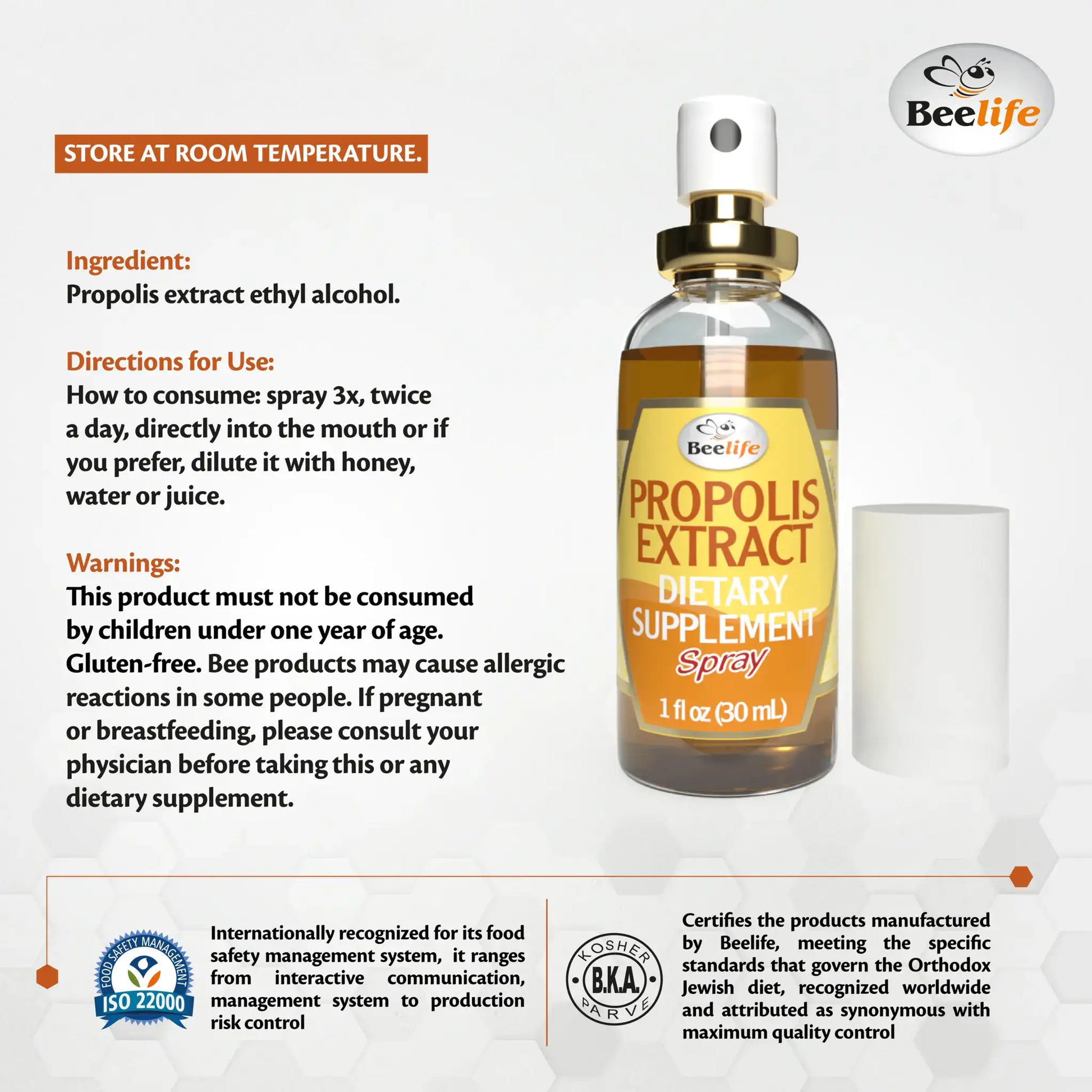 Clear bottle of Propolis Extract dietary supplement spray with a gold and white label, featuring usage instructions and warnings.
