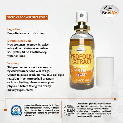 Clear bottle of Propolis Extract dietary supplement spray with a gold and white label, featuring usage instructions and warnings.
