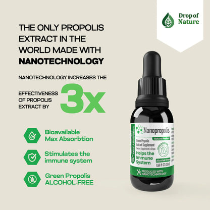 Bottle of Nanopropolis propolis extract with green label, highlighting immune support and nanotechnology benefits.