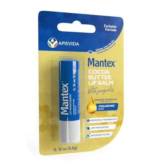Blue and yellow packaging for Mantex Cocoa Butter Lip Balm with propolis, featuring hyaluronic acid for hydration.