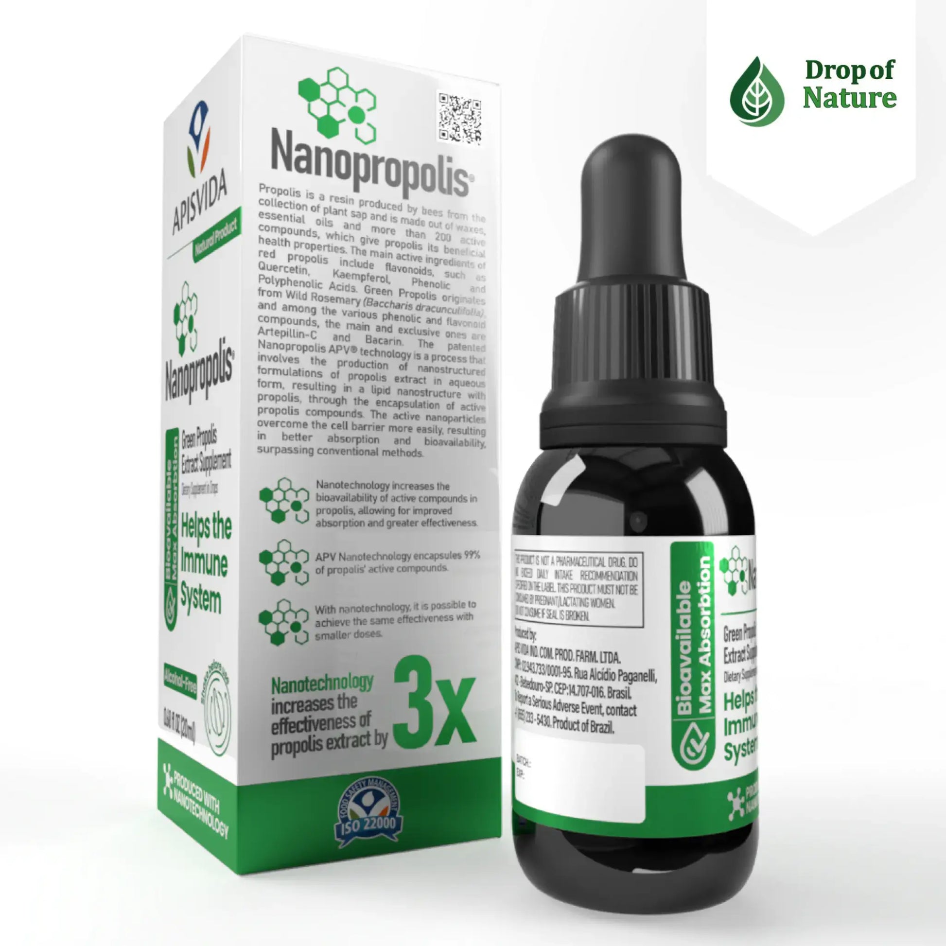 Dropper bottle of Nanopropolis with a green and white label, packaged in a matching box highlighting immune support benefits.