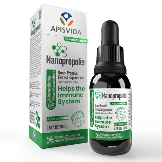 Black dropper bottle with green and white packaging, labeled Nanopropolis, featuring immune support claims and natural product designation.