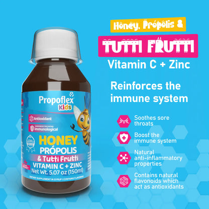 Brown bottle of Propoflex Kids Honey Propolis with label featuring honeycomb and bee graphics, promoting immune support.