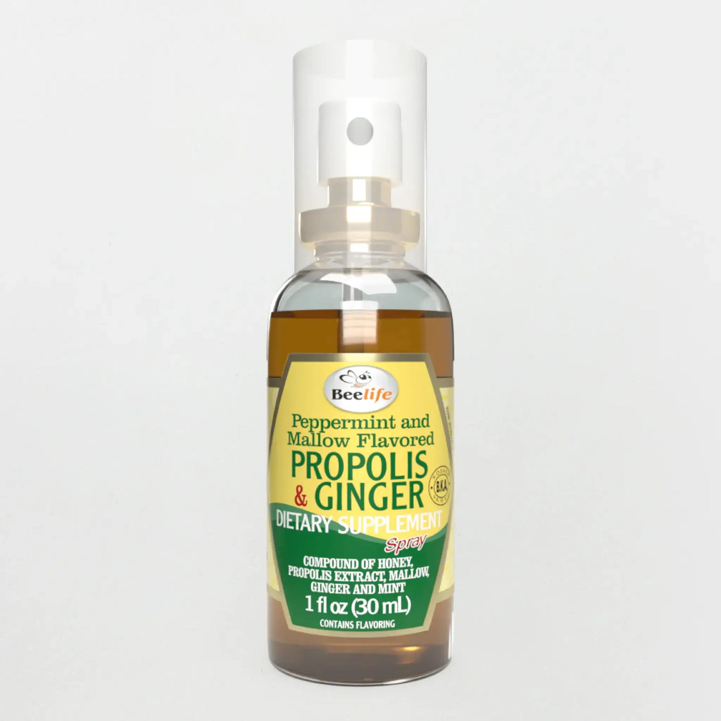 Clear spray bottle of BeeLife Honey & Ginger Propolis Throat Spray with a green and yellow label, featuring flavor details.