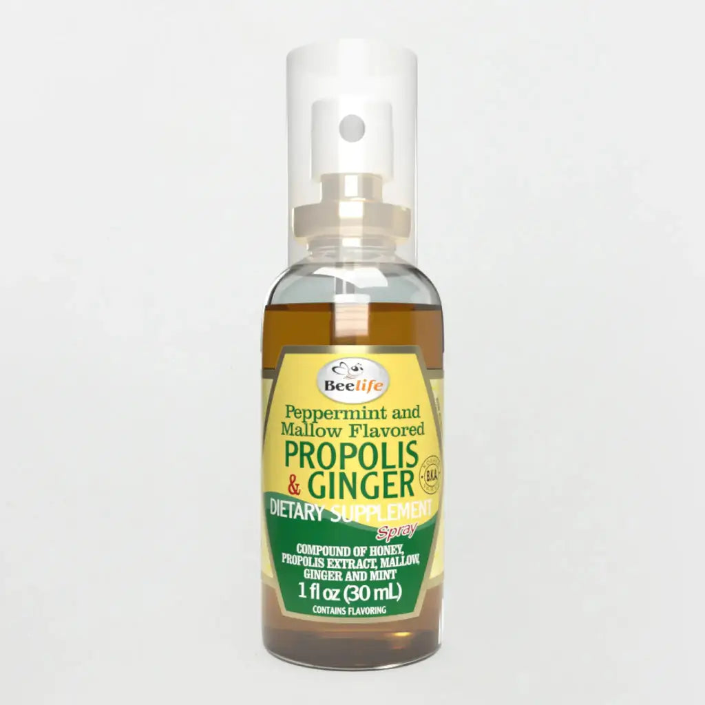 Bottle of BeeLife Propolis Throat Spray with Honey & Ginger flavor, 30ml, with a white spray nozzle.