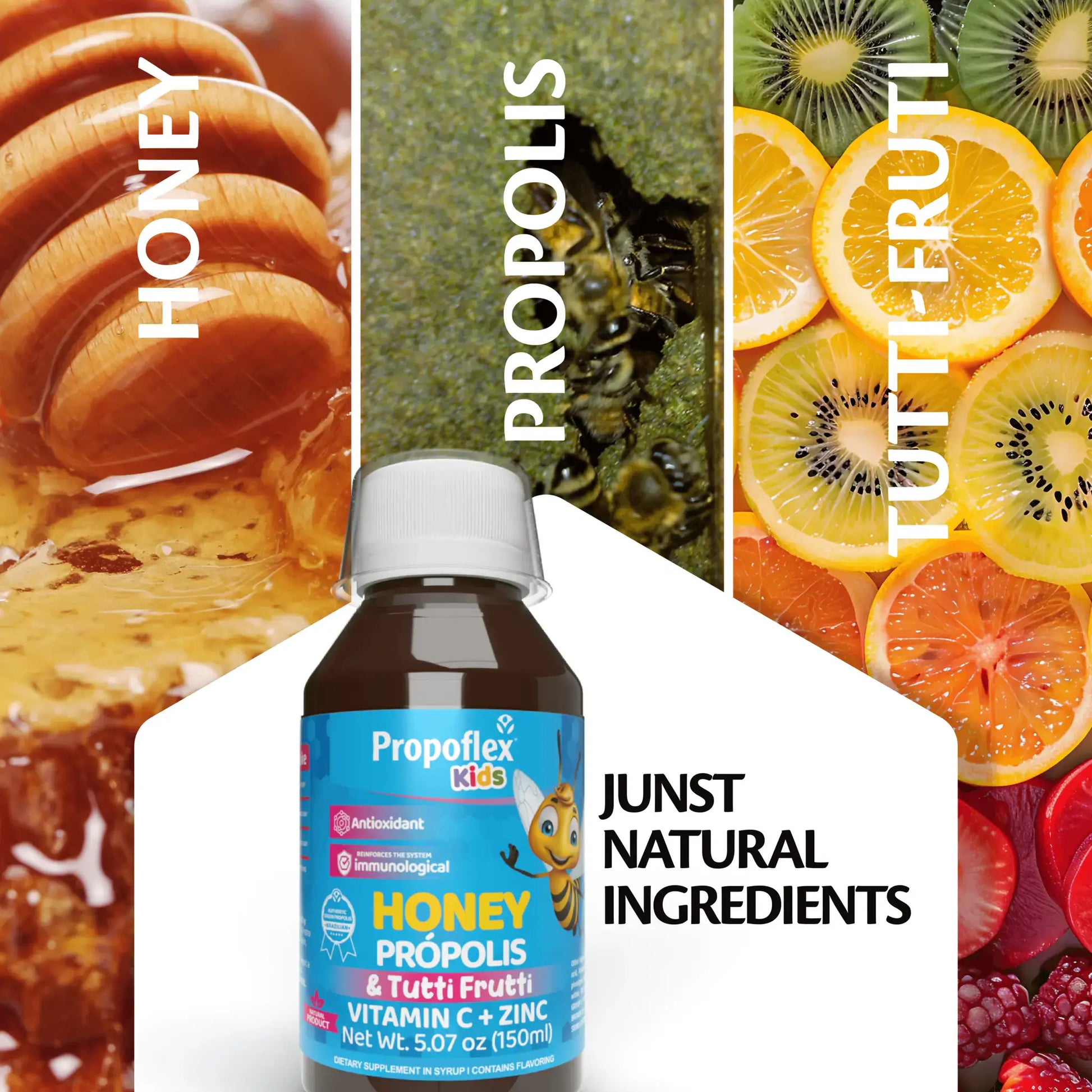 Bottle of Propoflex Kids Honey Propolis with Vitamin C and Zinc, featuring vibrant fruit images and honeycomb backdrop.