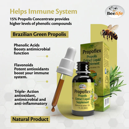 BeeLife Green Propolis Drops 15% Dry Extract 30ml with dropper and packaging. Natural product for immune support.