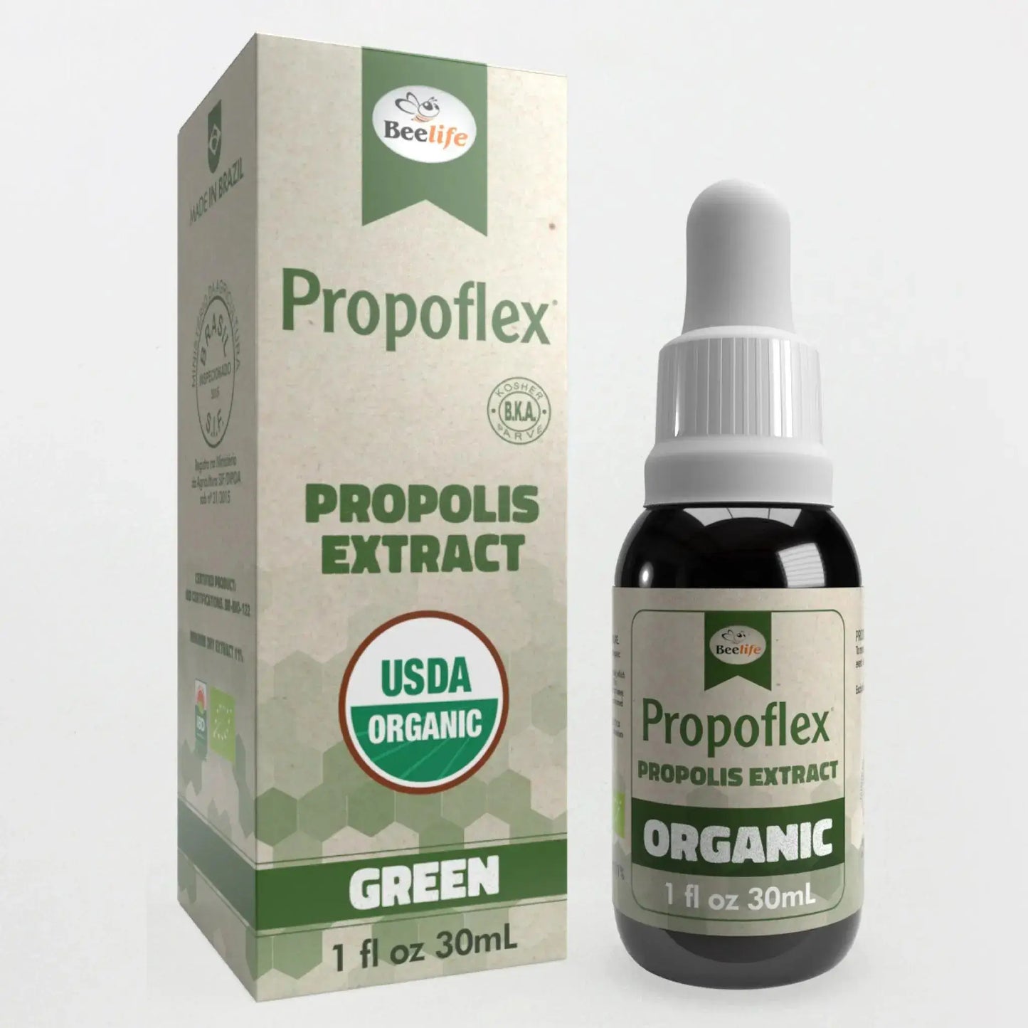 Brown glass dropper bottle with a green label, packaged in a matching green and beige box labeled USDA organic.