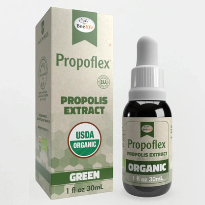 Brown glass dropper bottle with a green label, packaged in a matching green and beige box labeled USDA organic.