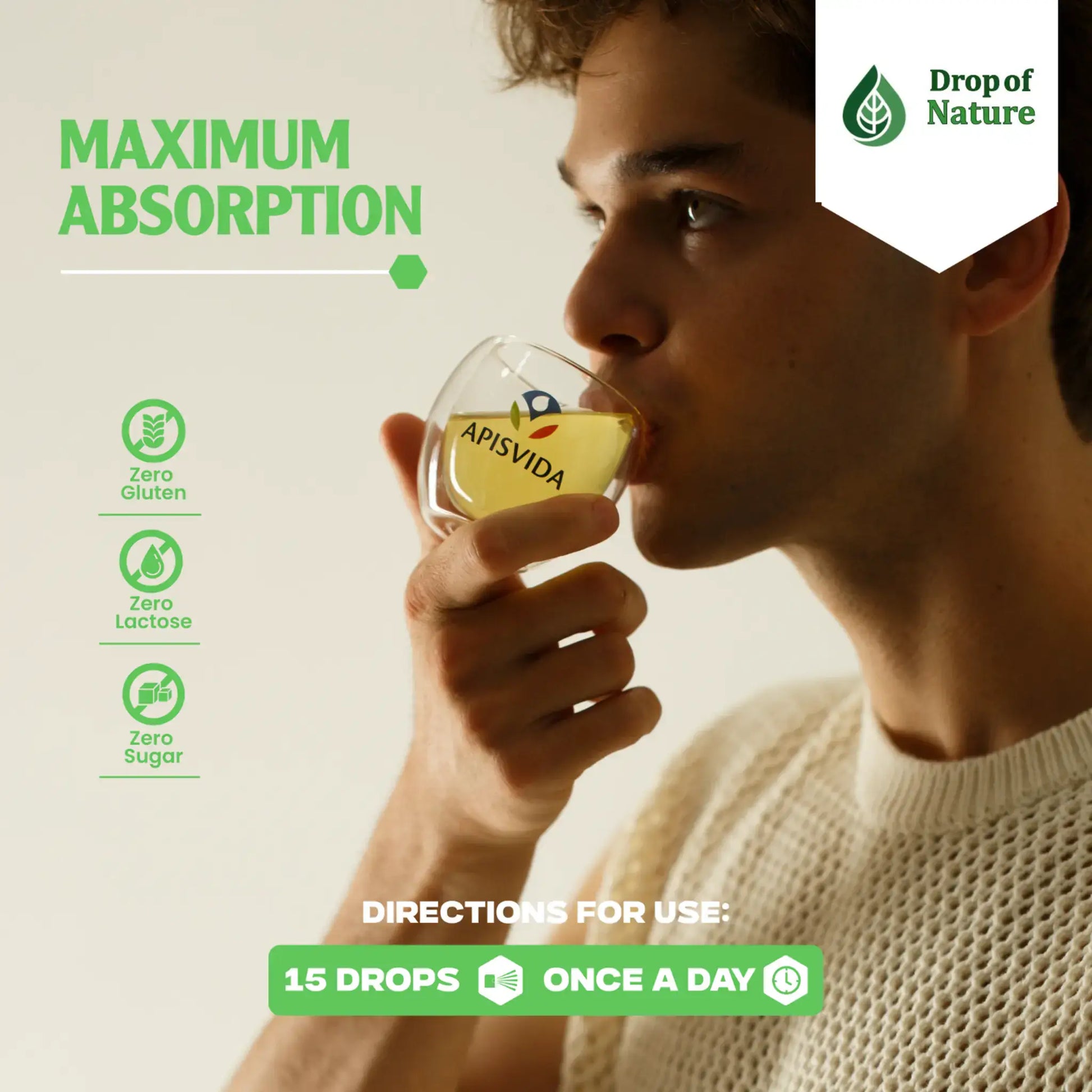 A person holding a glass of liquid labeled ApisVida, with green text highlighting maximum absorption and dietary benefits.