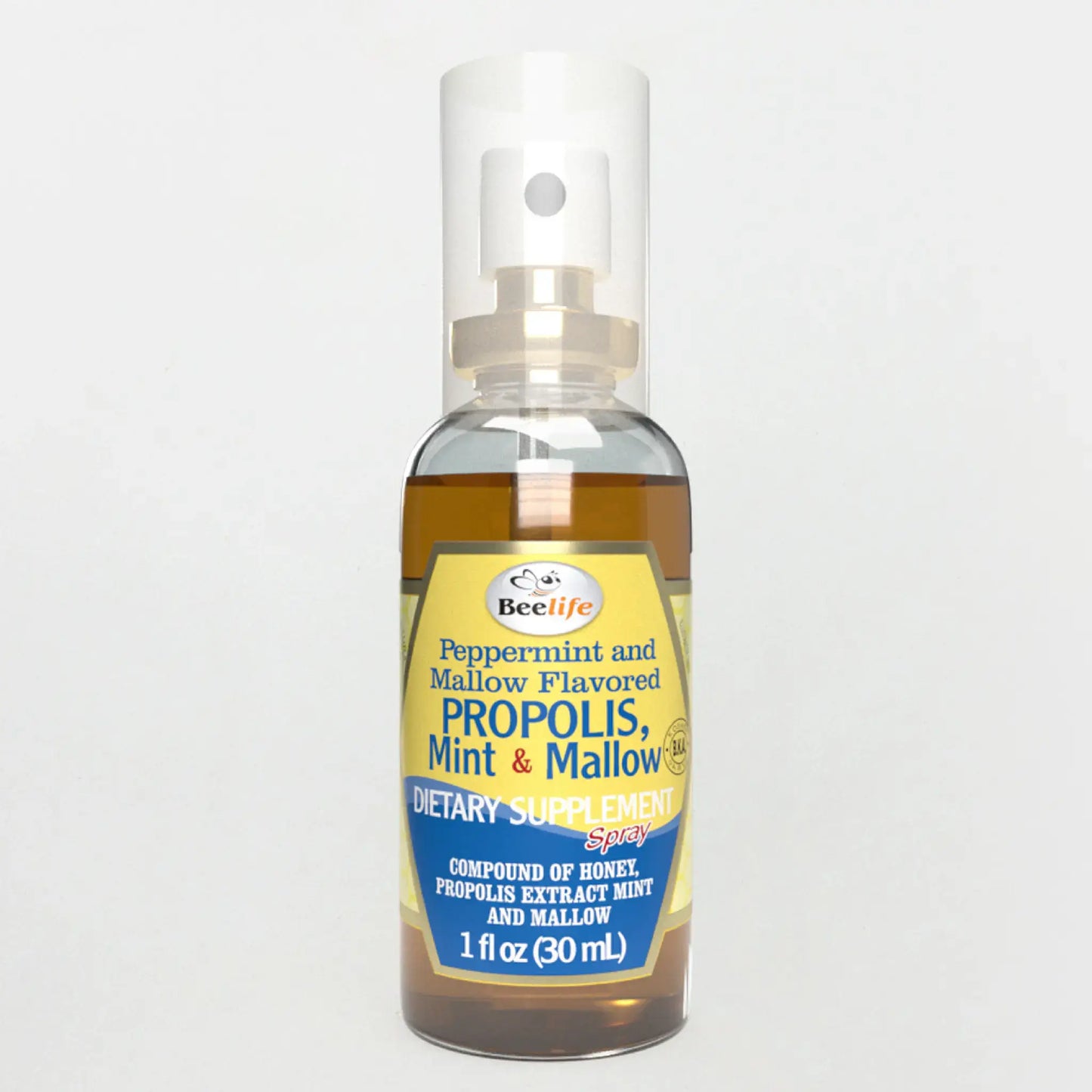 Bottle of BeeLife Honey, Mint & Mallow Propolis Throat Spray, featuring a yellow label with mint green accents.