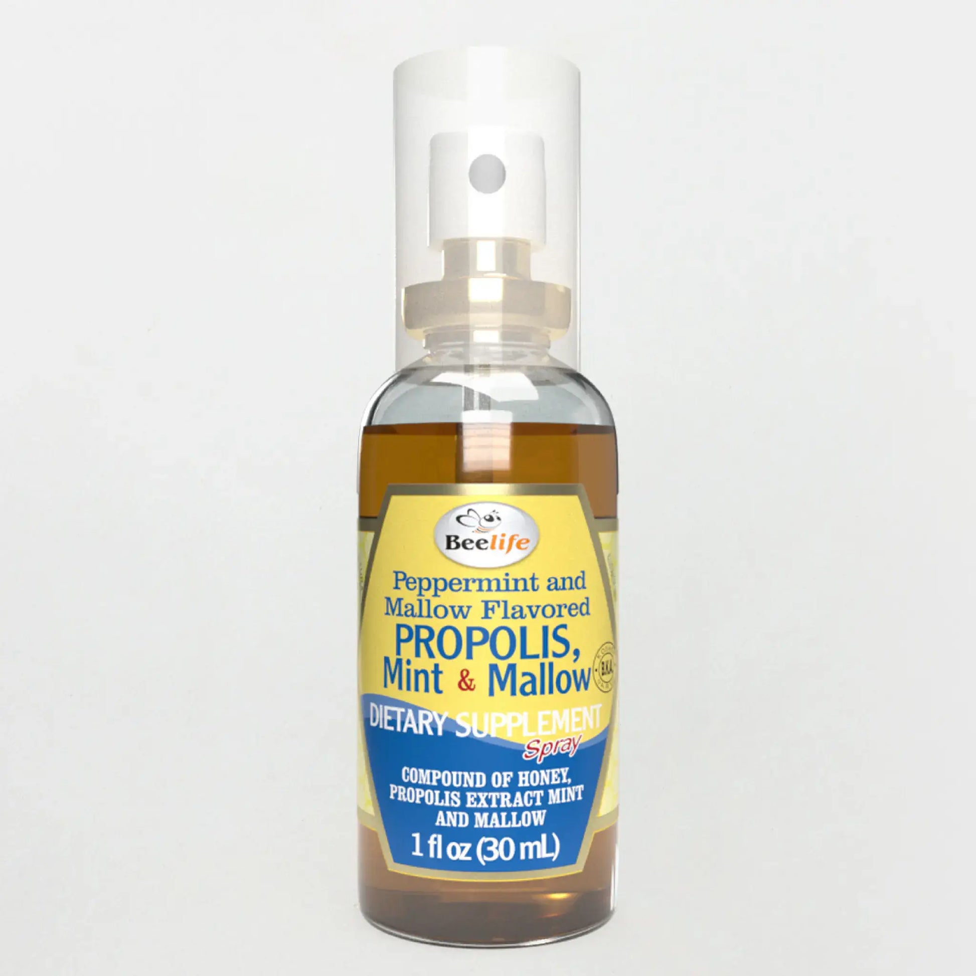 Bottle of BeeLife Honey, Mint & Mallow Propolis Throat Spray, featuring a yellow label with mint green accents.