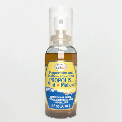 Bottle of BeeLife Honey, Mint & Mallow Propolis Throat Spray, featuring a yellow label with mint green accents.