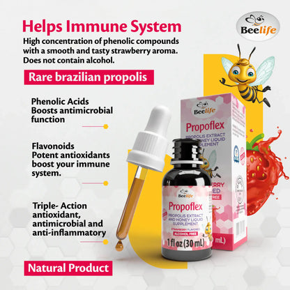 BeeLife Propoflex liquid supplement bottle with dropper, featuring a colorful label and packaging highlighting health benefits.