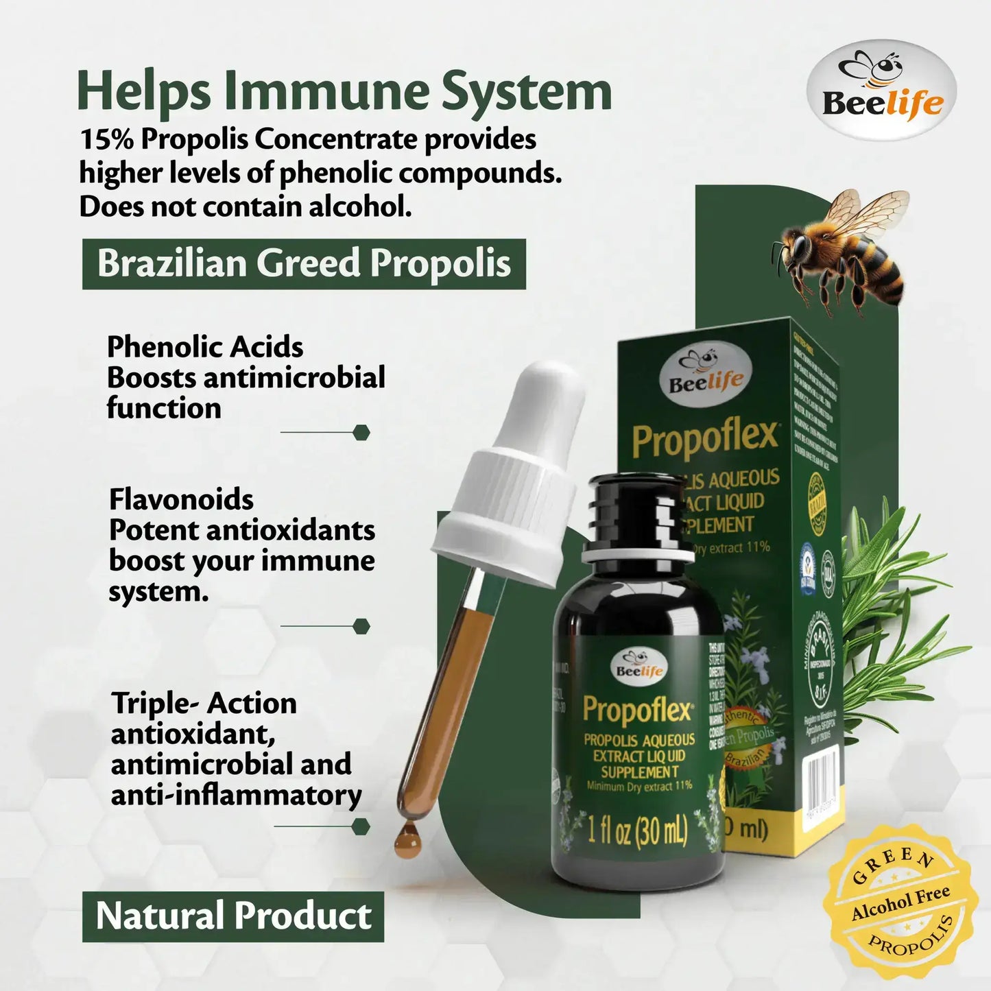 Bottle of BeeLife Propoflex with dropper, green packaging highlighting benefits for immune support and featuring a bee illustration.