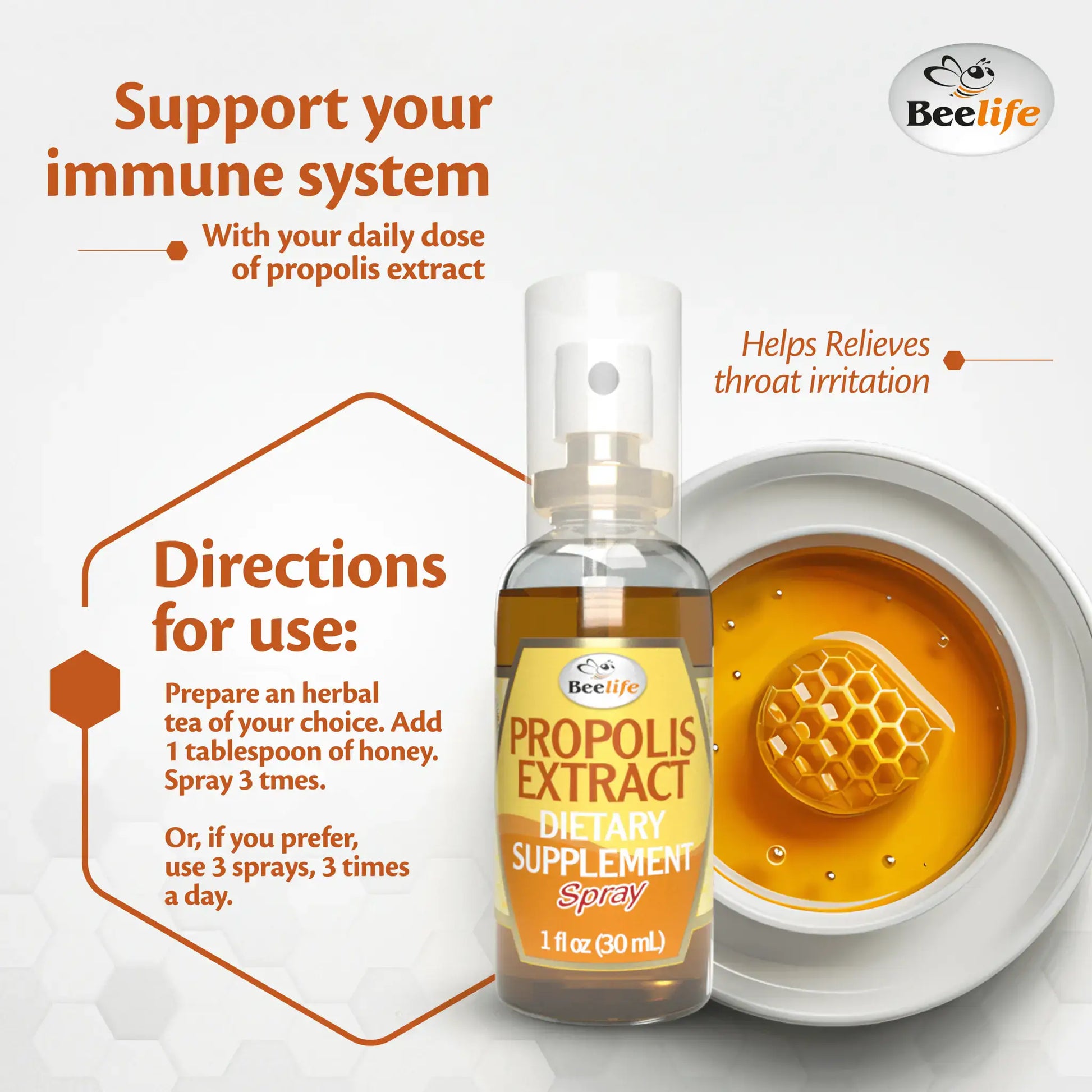 Propolis extract spray bottle with yellow label, instructions for use, and honeycomb prop in background.