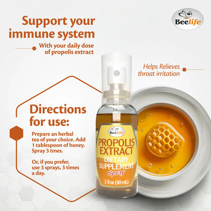 Propolis extract spray bottle with yellow label, instructions for use, and honeycomb prop in background.